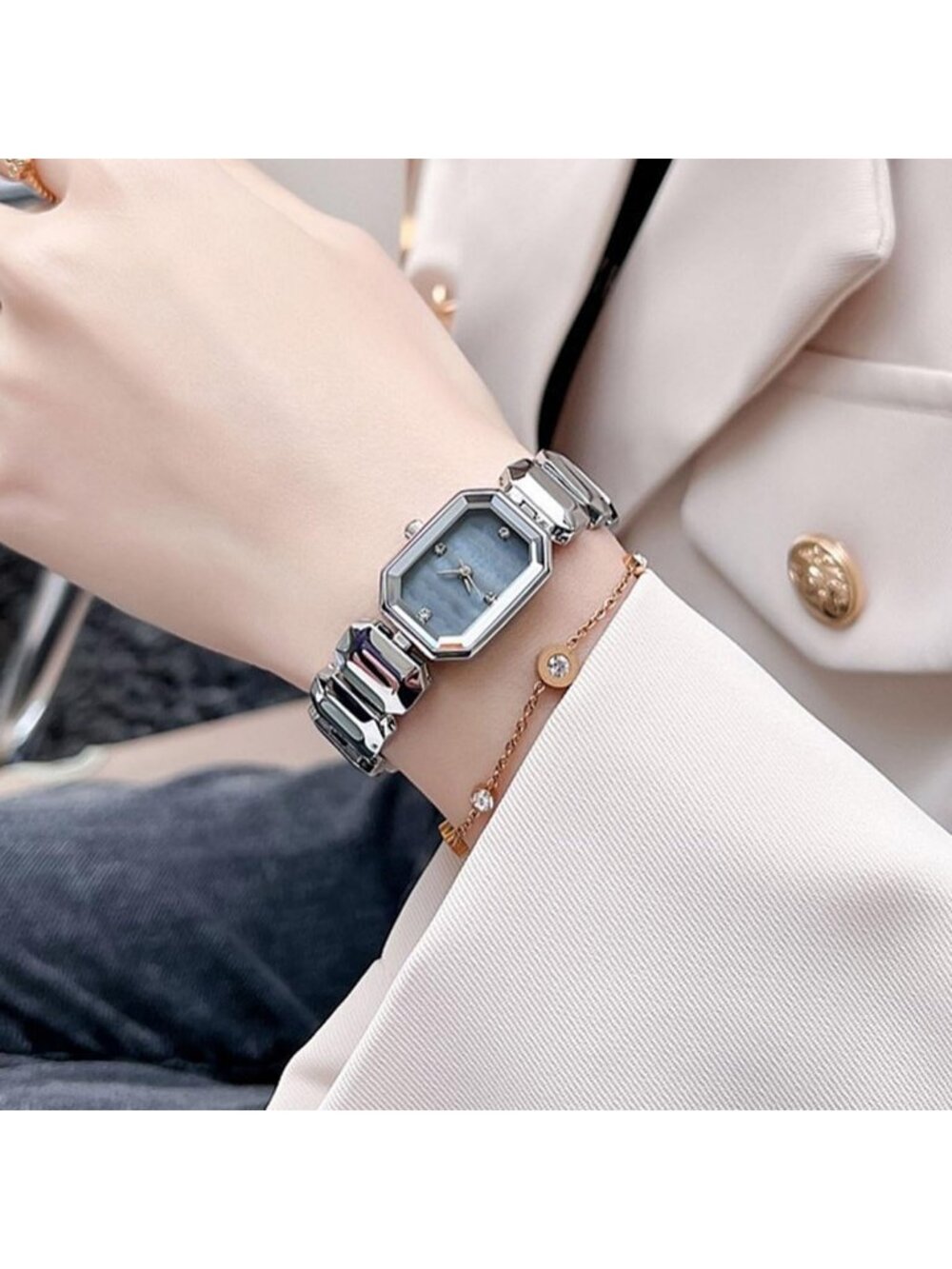 Women's Silver Rectangle Bracelet with Dainty Stainless Steel Band Quartz Watch - Picture 2 of 6